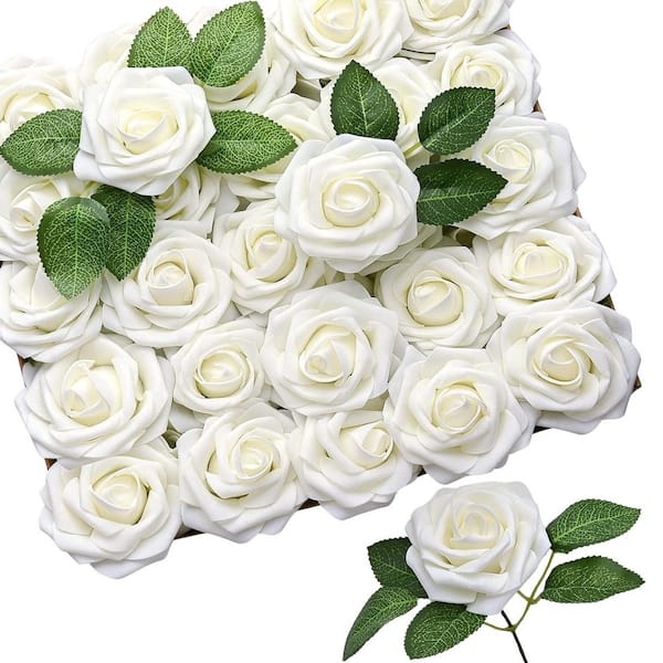 Afoxsos 8 in. 50-Pieces White Indoor Artificial Rose Flowers for Home Decoration Real Touch with Stem Bulk Wedding Bouquet
