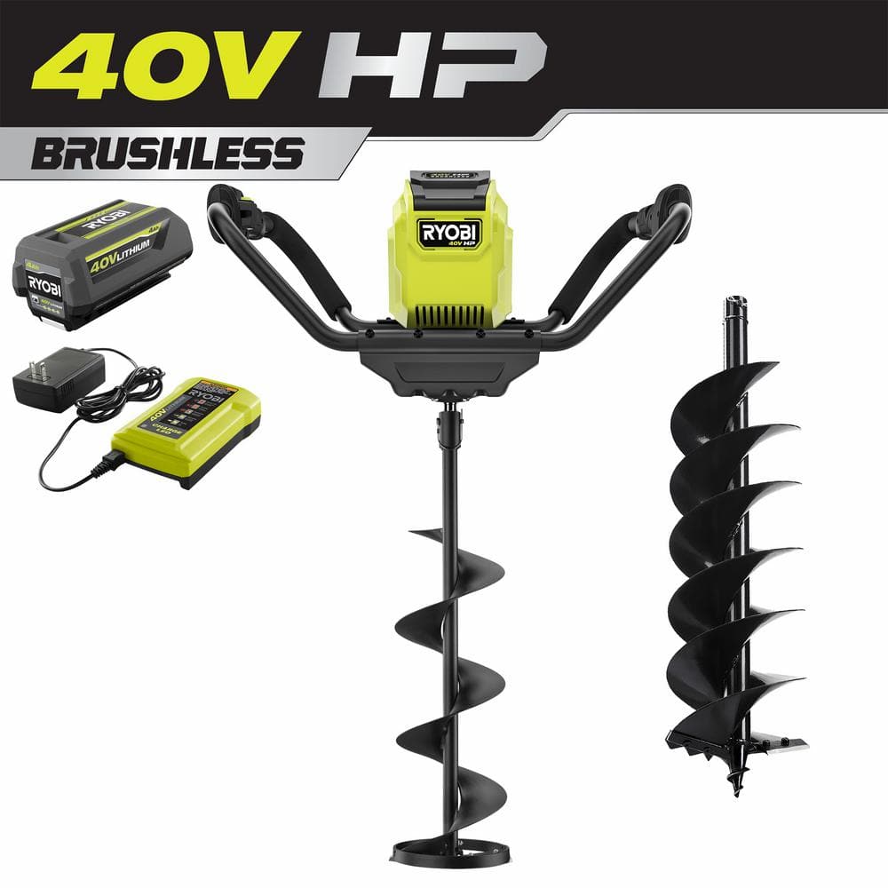 RYOBI 40-Volt HP Brushless Ice Auger with 8 in. Ice Bit, 8 in. Dirt Bit and  4.0 Ah Battery and Charger RY40712-8 - The Home Depot
