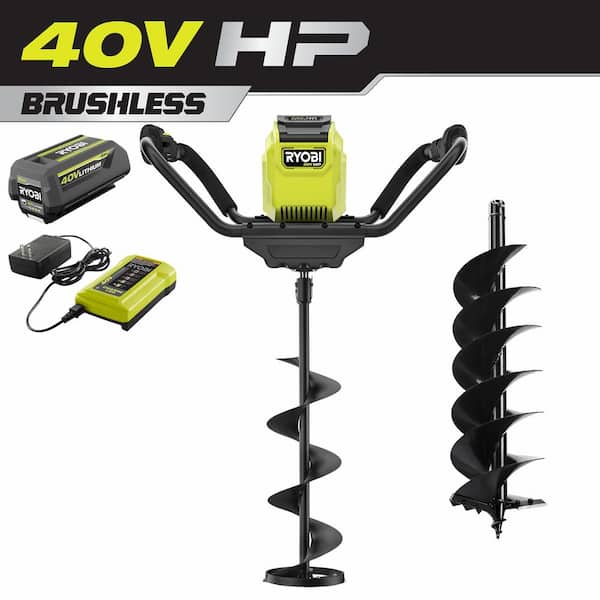 RYOBI 40-Volt HP Brushless Ice Auger with 8 in. Ice Bit, 8 in. Dirt Bit and 4.0 Ah Battery and Charger