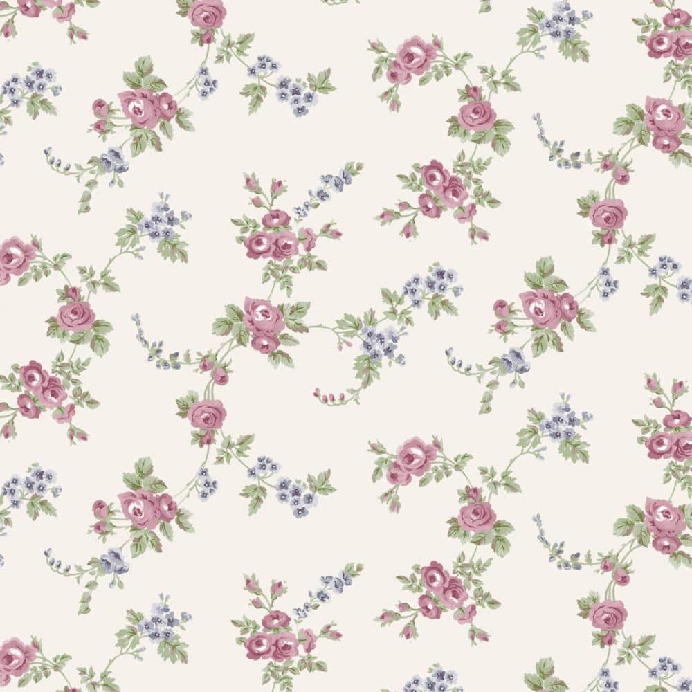 Pre-Pasted Floral Rose and Blue Vine Wallpaper