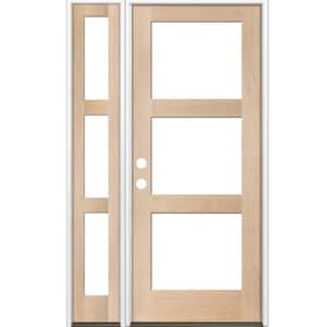 46 in. x 96 in. Modern Hemlock Right-Hand/Inswing 3-Lite Clear Glass Unfinished Wood Prehung Front Door w/Left Sidelite