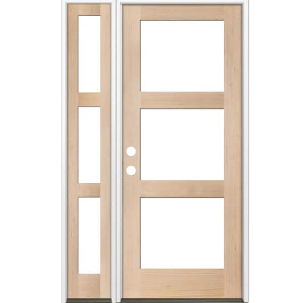 50 in. x 96 in. Modern Hemlock Right-Hand/Inswing 3-Lite Clear Glass Unfinished Wood Prehung Front Door w/Left Sidelite