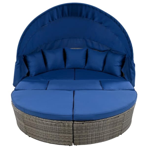 Sudzendf Gray Wicker Outdoor Round Day Bed Sunbed with Blue Washable Cushions and Retractable Canopy