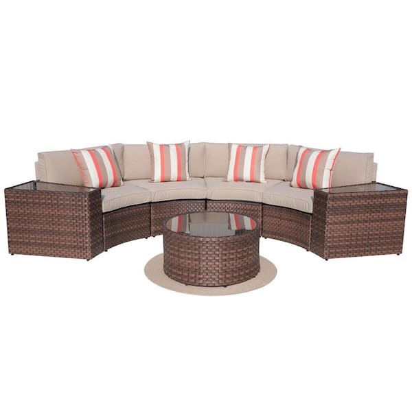 Freestyle Sunsitt Brown 7-Piece Wicker Outdoor Half Moon Sectional with Beige Cushions