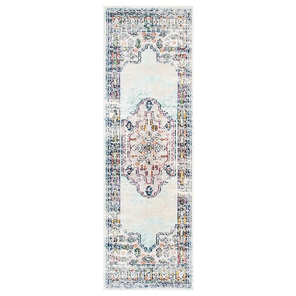 Crystal 2 ft. x 7 ft. Blue/Gray Border Medallion Runner Rug