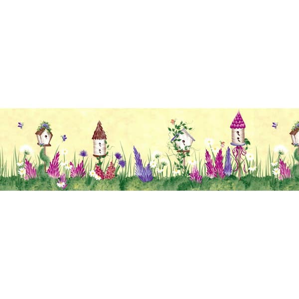 Dundee Deco Falkirk Brin II Green, Beige, Purple, Pink Birdhouses, Flowers Floral Pre-Pasted Wallpaper Border