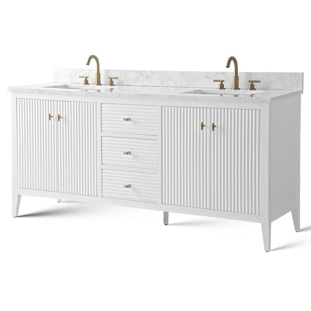 72" Linear White Double Sink Vanity with Golden Brushed Hardware