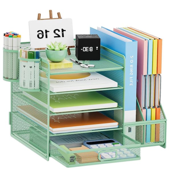 Green 13.8 in. x 11 in. Metal Desk Organizers with File Holder and 2 Pen Holders
