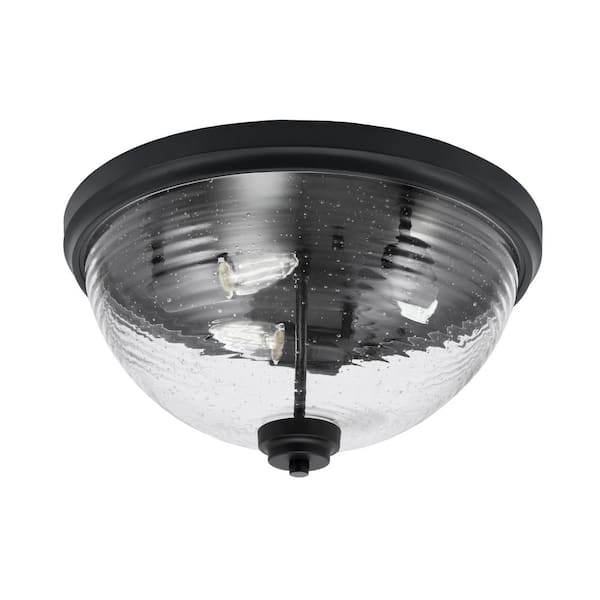 Unbranded Ashland 16 in. 3 Light Matte Black Flush Mount with Ribbed Clear Glass Shade No Bulbs Included