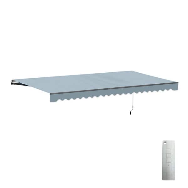 16 ft. Caribbean Polyester Motorized Retractable Patio Awning 10 ft. Projection in Sky Blue Black Frame