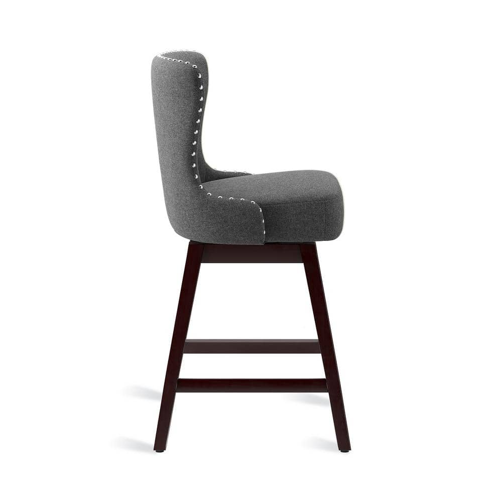 Gray Linen Fabric Upholstered Swivel Counter Stools with Solid Wood Frame, Set of 2