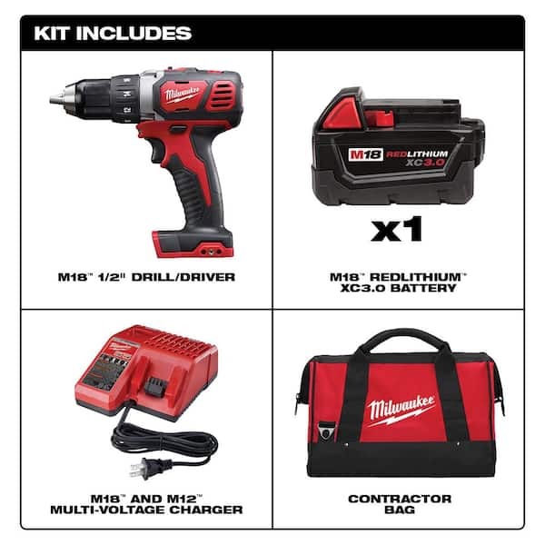 Milwaukee - M18 18-Volt Lithium-Ion Cordless 1/2 in. Drill Driver Kit W/ (1) 3.0Ah Battery, Charger & Bag