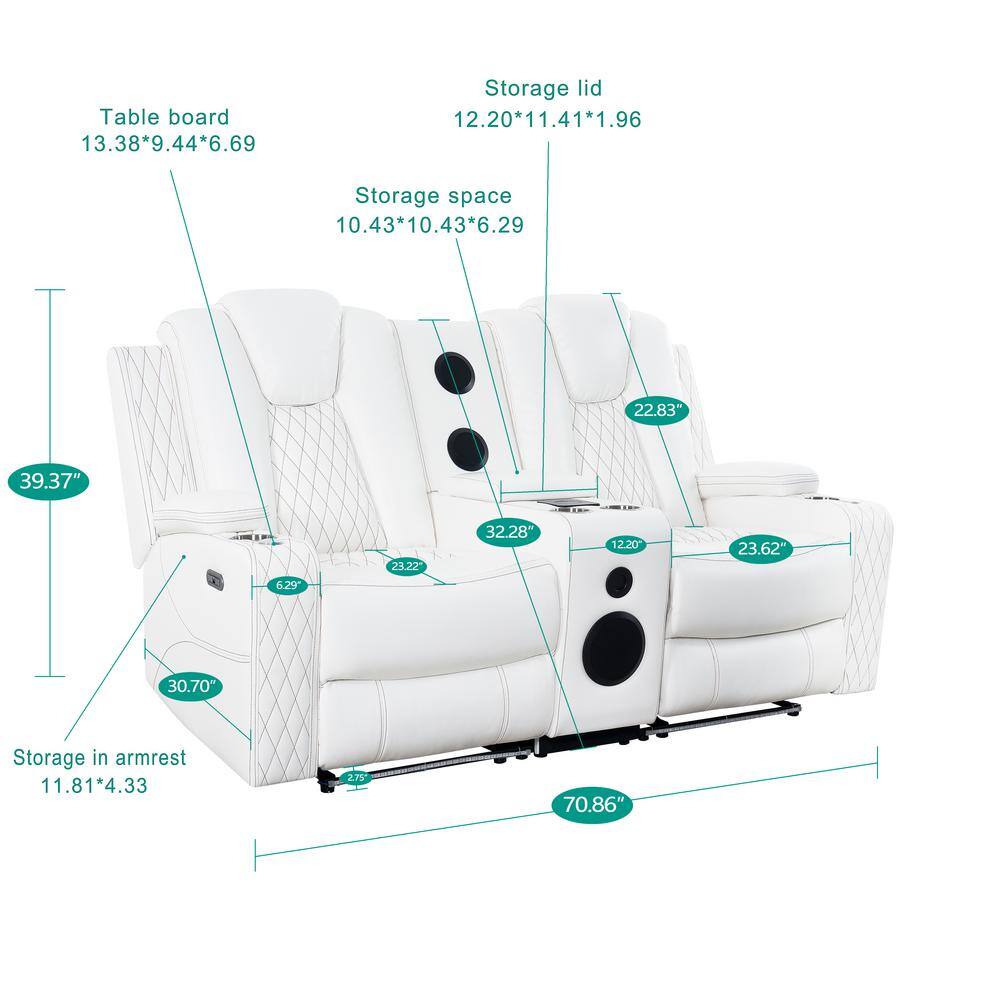 White Faux Leather Reclining Loveseat with Cup Holders and LED Lights