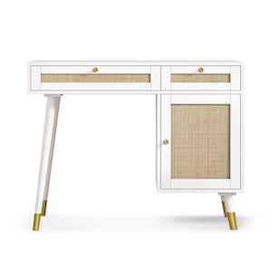 Farmhouse Rattan 39.4 in. Retangular White/Gold Wood Computer Desk Writing Desk with 2-Drawer and Side Storage