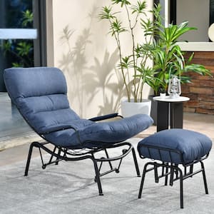 Mono Metal Patio Lounge Outdoor Rocking Chair with an Ottoman and Denim Blue Cushions