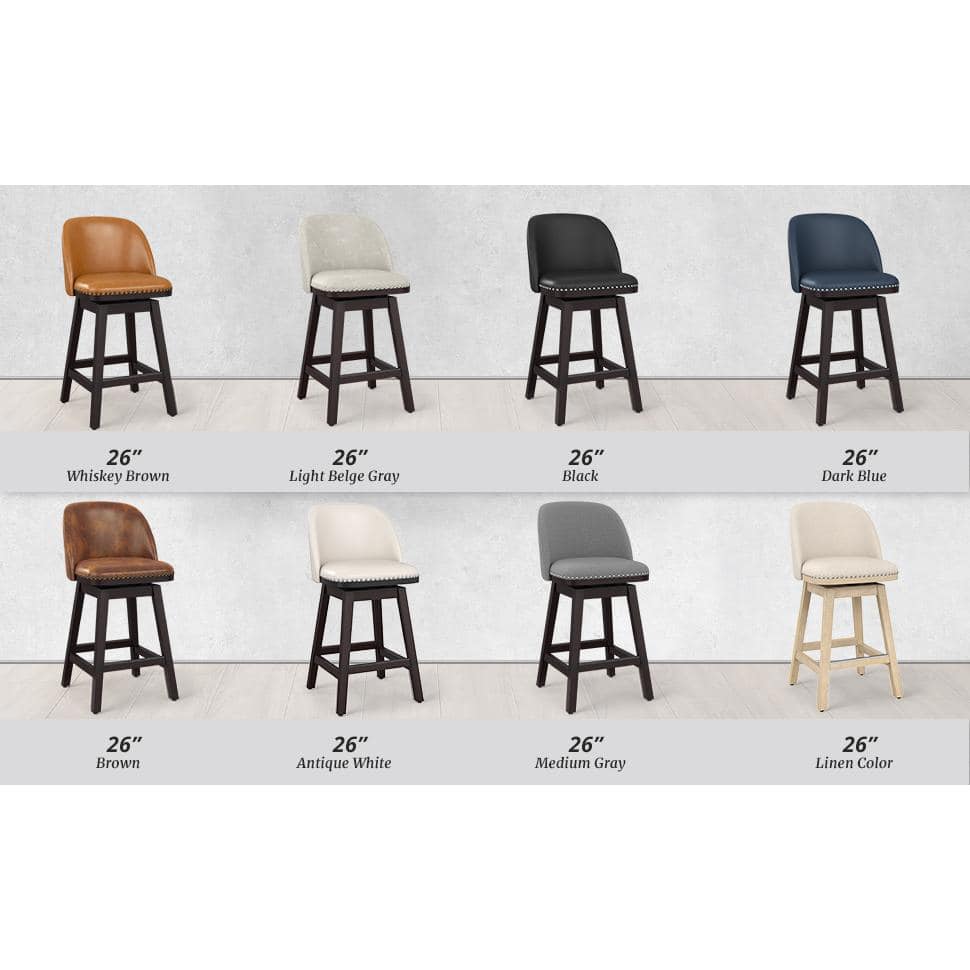 Whiskey Brown Faux Leather Swivel Counter Stools with Wood Legs, Set of 4