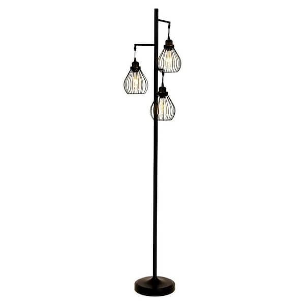 Photo 1 of Brightech Teardrop 68 in. Black LED Floor Lamp with 3 Cage Shades and Edison Bulbs