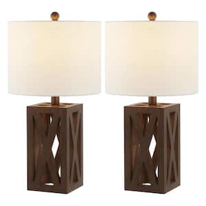 Stewart 21.5 in. Farmhouse Wood LED Table Lamp Set with Linen Shade and Wood Base, Brown (Set of 2)