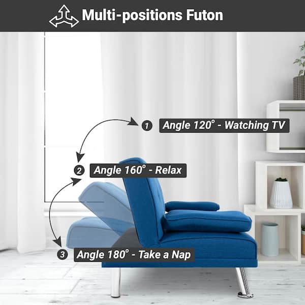 HOMESTOCK Blue, Futon Sofa Bed Linen Futon Couch with Armrest and