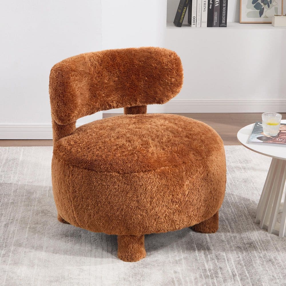 28.35 in. khaki Fur Accent Chair, Armless Upholstered Lounge Chair with Curved Backrest and Wood Legs