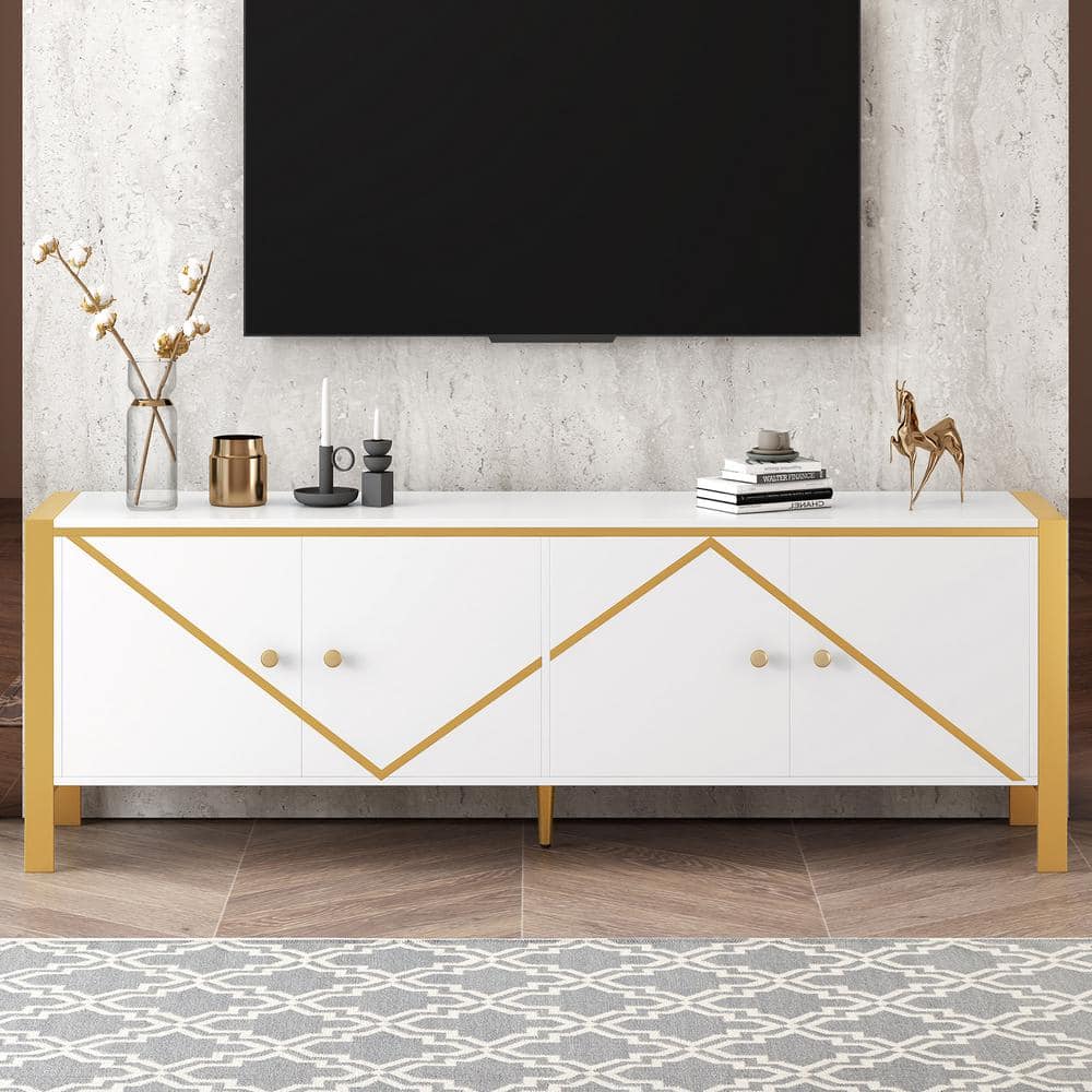 70.9 in. x 15.7 in. x 24 in. White MED Modern Minimalist TV Stand, LR Enter