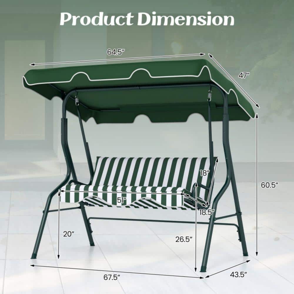 Green and White Striped Metal 3-Person Porch Swing with Adjustable Canopy