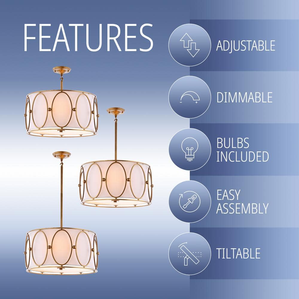 Violetta 3-Light Gold Metal LED Pendant with Linen Shade