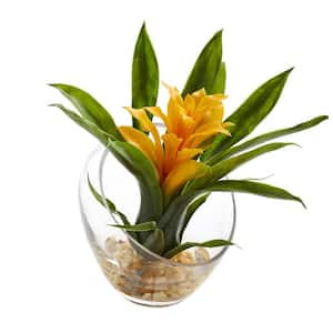 8 in. High Tropical Yellow Bromeliad in Angled Vase Artificial Arrangement