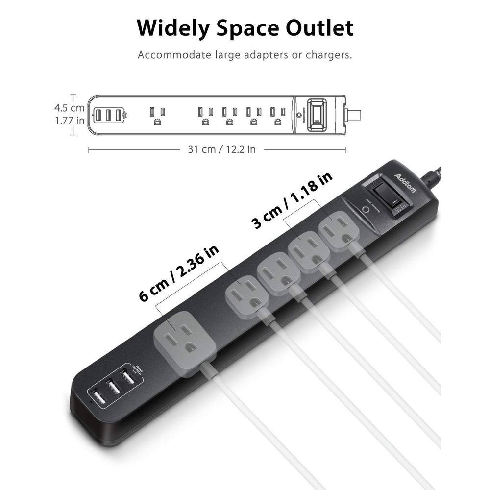15 ft Black ABS 5-Outlet Power Strip with USB Ports