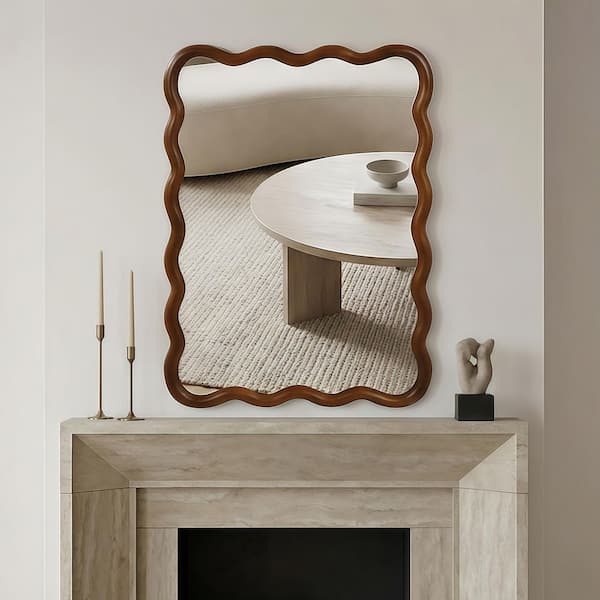 30 in. W x 40 in. H Wavy Rectangular Framed Wall Bathroom Vanity Mirror in Black Walnut