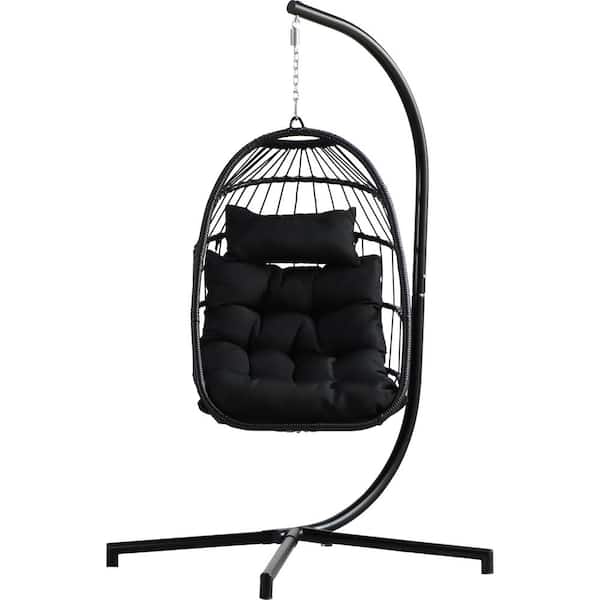 maocao hoom Egg Chair Folding Hanging Chair Patio Swing with Pillow and Stand in Black