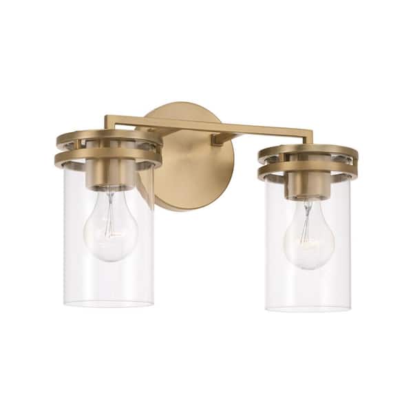 HOMEPLACE LIGHTING 14.25 in. W x 9.75 in. H 2-Light Vanity Light in Aged Brass with Clear Glass