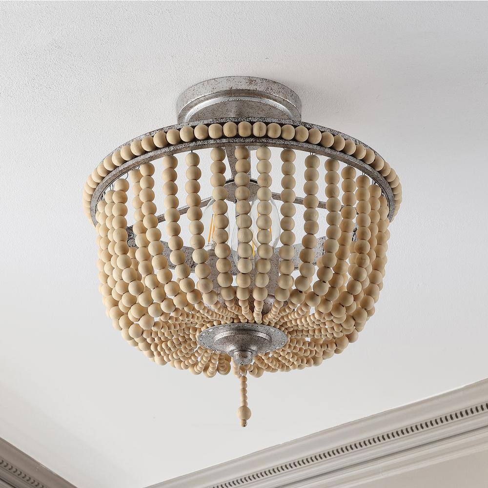 Allie 14" Antique Silver Wood Bead LED Semi Flush Mount Light