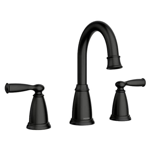 MOEN Banbury 8 in. Widespread Double-Handle High-Arc Bathroom Faucet with Drain Kit and Valve Included in Matte Black