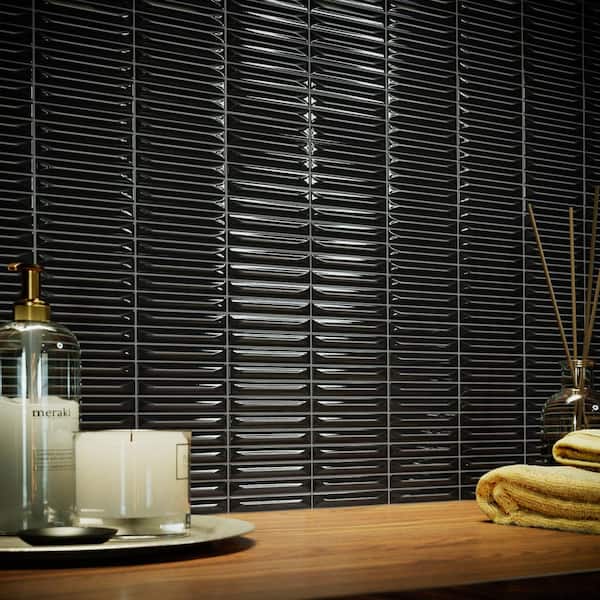 Stria Black 7.87 in. x 7.87 in. Glossy Ceramic Stacked Tile Sample