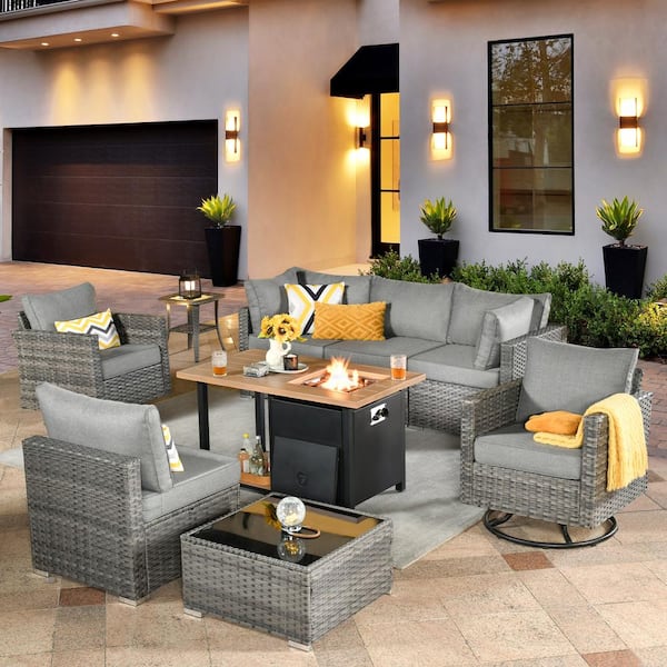 XIZZI Artemis Gray 9-Piece Wicker Patio Rectangular Fire Pit Set with Dark Gray Cushions and Swivel Rocking Chairs