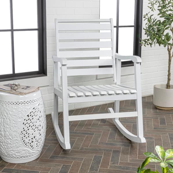 Carey Modern Slat-Back 300 lbs. Support Acacia Wood Patio Outdoor Rocking Chair in White