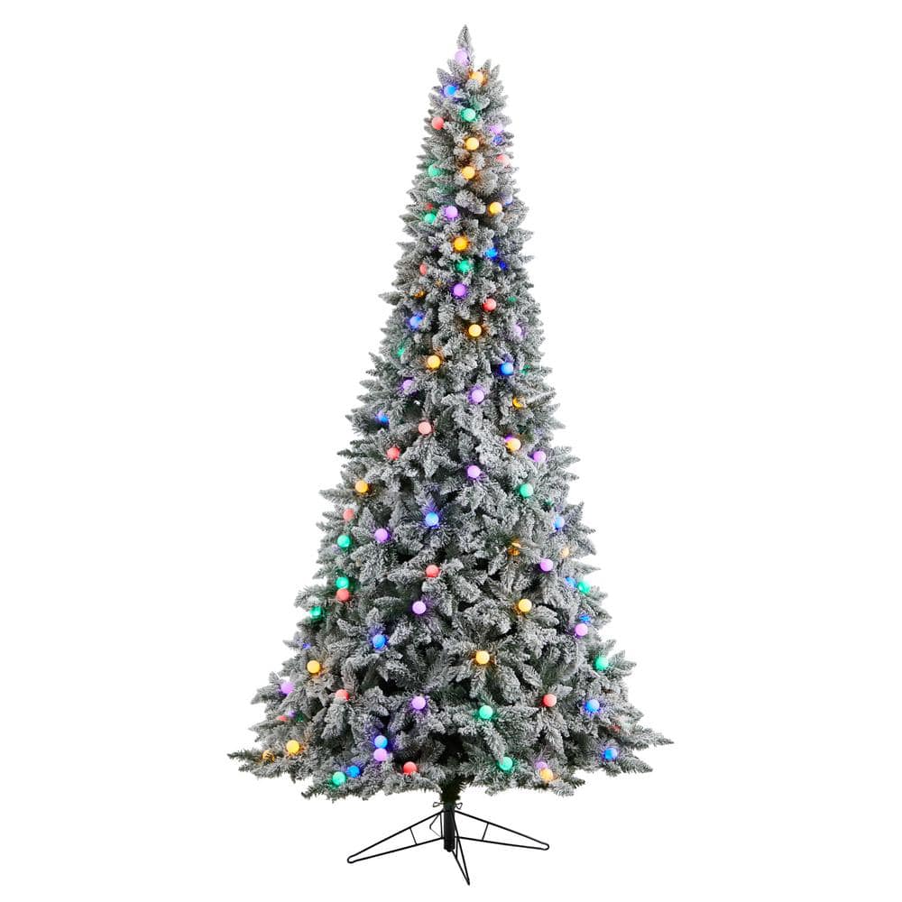 Nearly Natural 9.5 ft. Flocked British Columbia Mountain Fir Artificial Christmas Tree with Multi Color Globe Bulbs & Bendable Branches