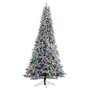 9.5 ft. Flocked British Columbia Mountain Fir Artificial Christmas Tree with Multi Color Globe Bulbs & Bendable Branches