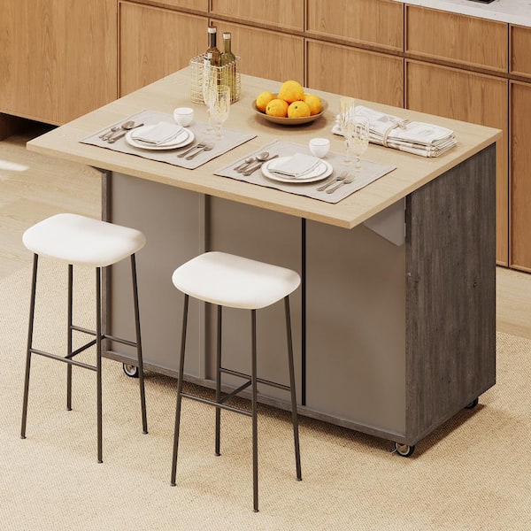 Xspracer Oasis Brown Wood 51.2 in. Kitchen Island with Drop Leaf, Farmhouse Kitchen Island on Wheels with Internal Storage Rack