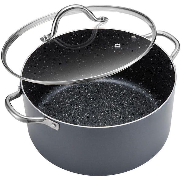 6 Quart Grey Aluminum Nonstick Stock Pot with Lid Dishwasher Safe Induction Compatible Glass Lid for Soup Stew