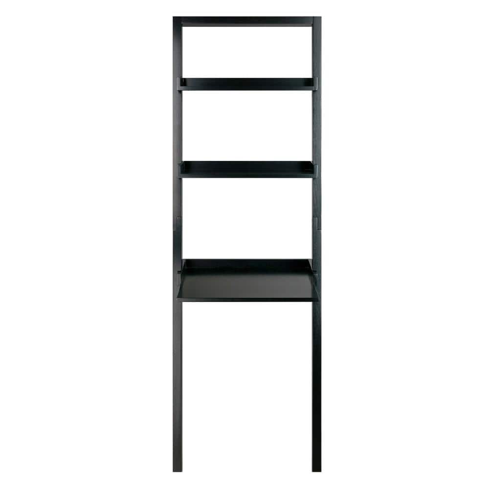 Sleek Black Wood Composite Leaning Desk with 2 Shelves