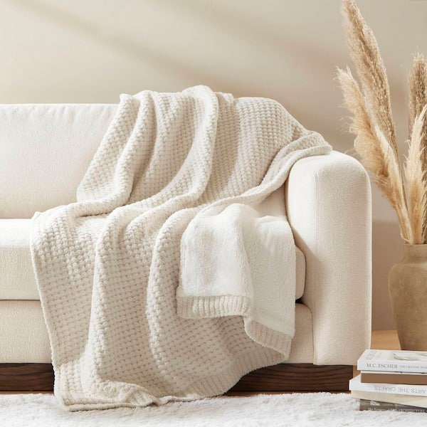 Eden Ivory Polyester Waffle Knit Chenille Throw Blanket