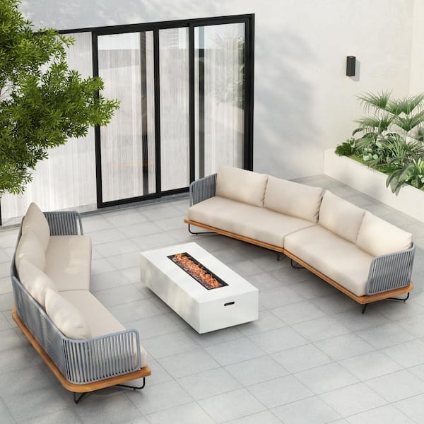 Hedda Patio 4-Piece Solid Wood and Rope Weave Outdoor Sectional Sofa Set with Beige Cushions, Teak Finish + Grey