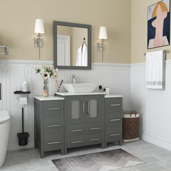 Ravenna 48 in. W Bathroom Vanity in Grey with Single Basin in White Engineered Marble Top and Mirror