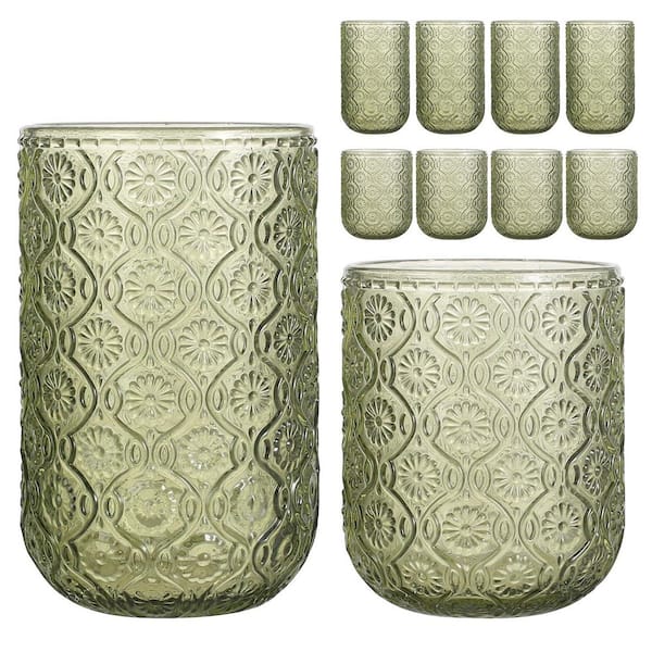 8-Piece Vintage Embossed Glassware Set, 4 Highball Glasses 14 oz. and 4 Rocks Glasses 9 oz. Green