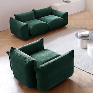 2-Pieces Flared Arm Wide Square Shape Chenille Top Green Sofa Couch Living Room Set (1-Seat Plus 2-Seats)