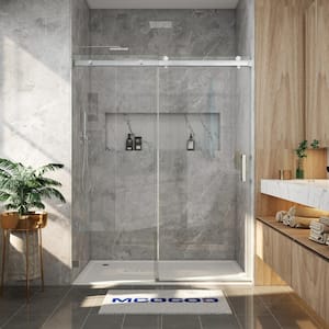 60 in. W x 79 in. H Single Sliding Frameless Soft Close Shower Door in Brushed Nickel with 3/8 in. (10 mm) Clear Glass