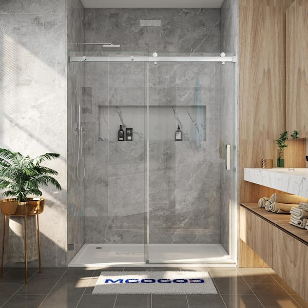 56-60.5 in. W x 79 in. H Single Sliding Frameless Soft Close Shower Door in Brushed Nickel with 3/8 in. Clear Glass