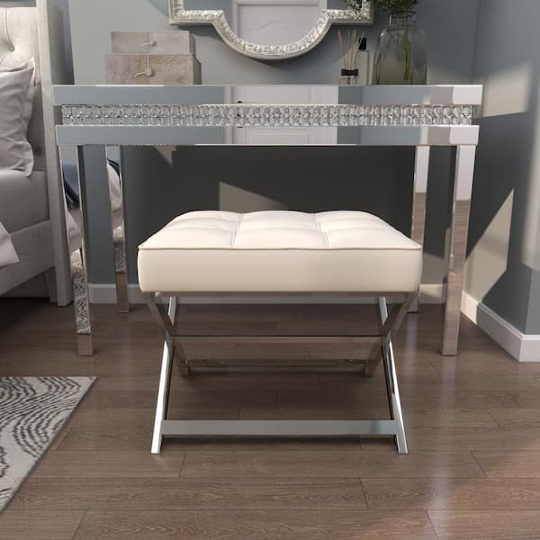 Litton Lane Caspian 19 in. H White Leather Stool with Stainless Steel Metal Supports